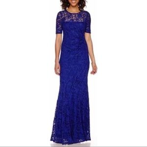 One by Eight Blue Short Sleeve Lace Evening Gown 8